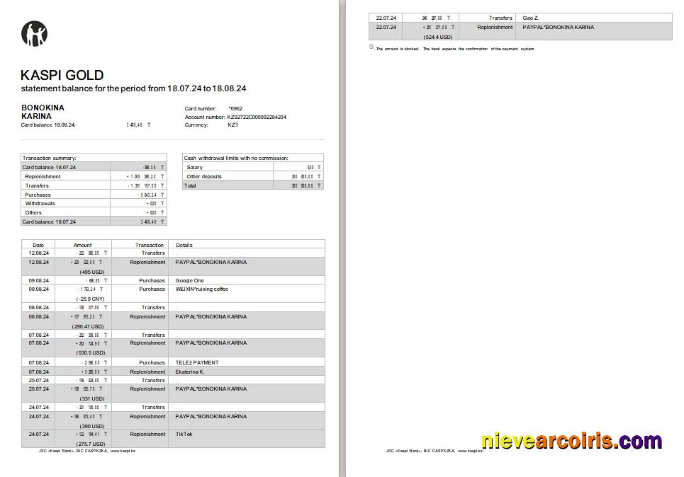 Kazakhstan Kaspi bank st, 2 pages scr